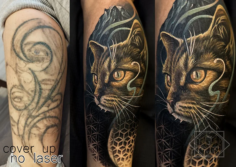 tatuaż damski na nodze zakrycie tatuażu kot geometria